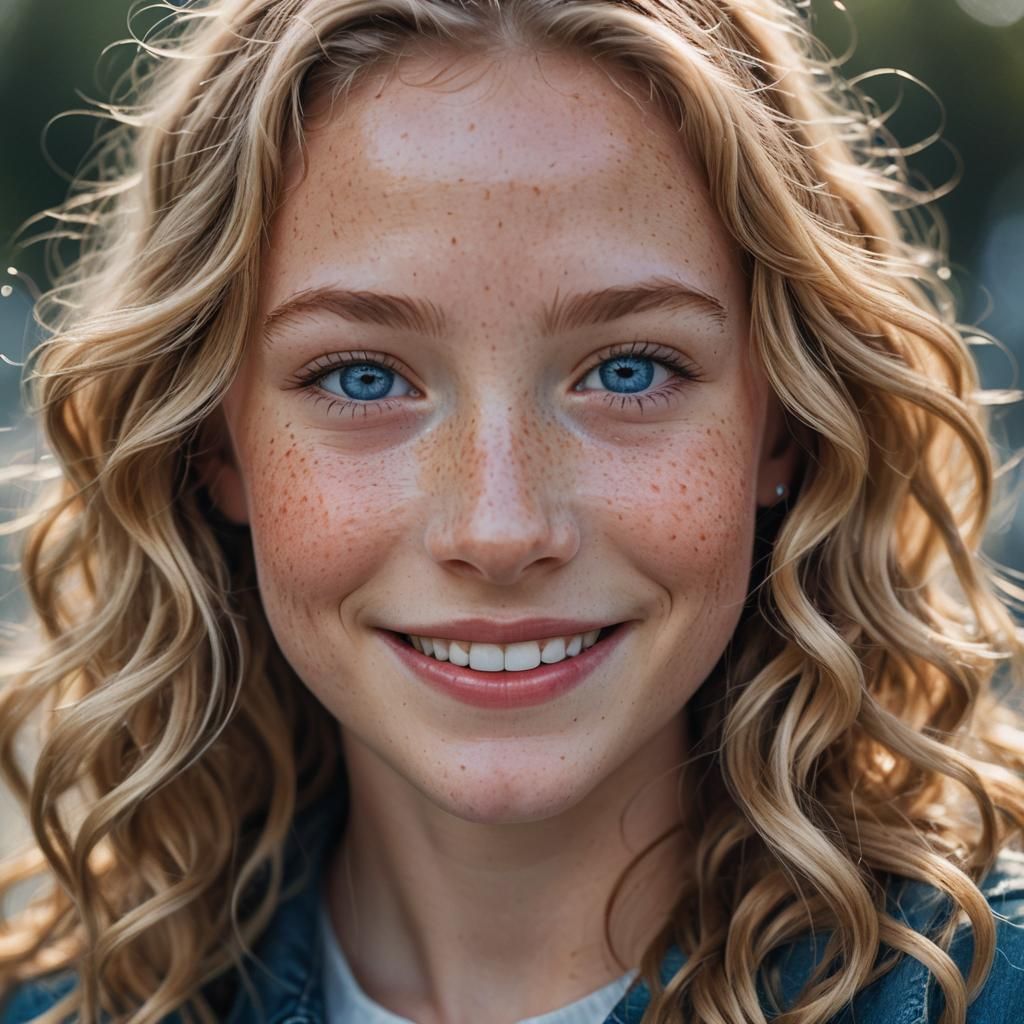 a young girl with wavy blonde hair, bright blue eyes, and a ...
