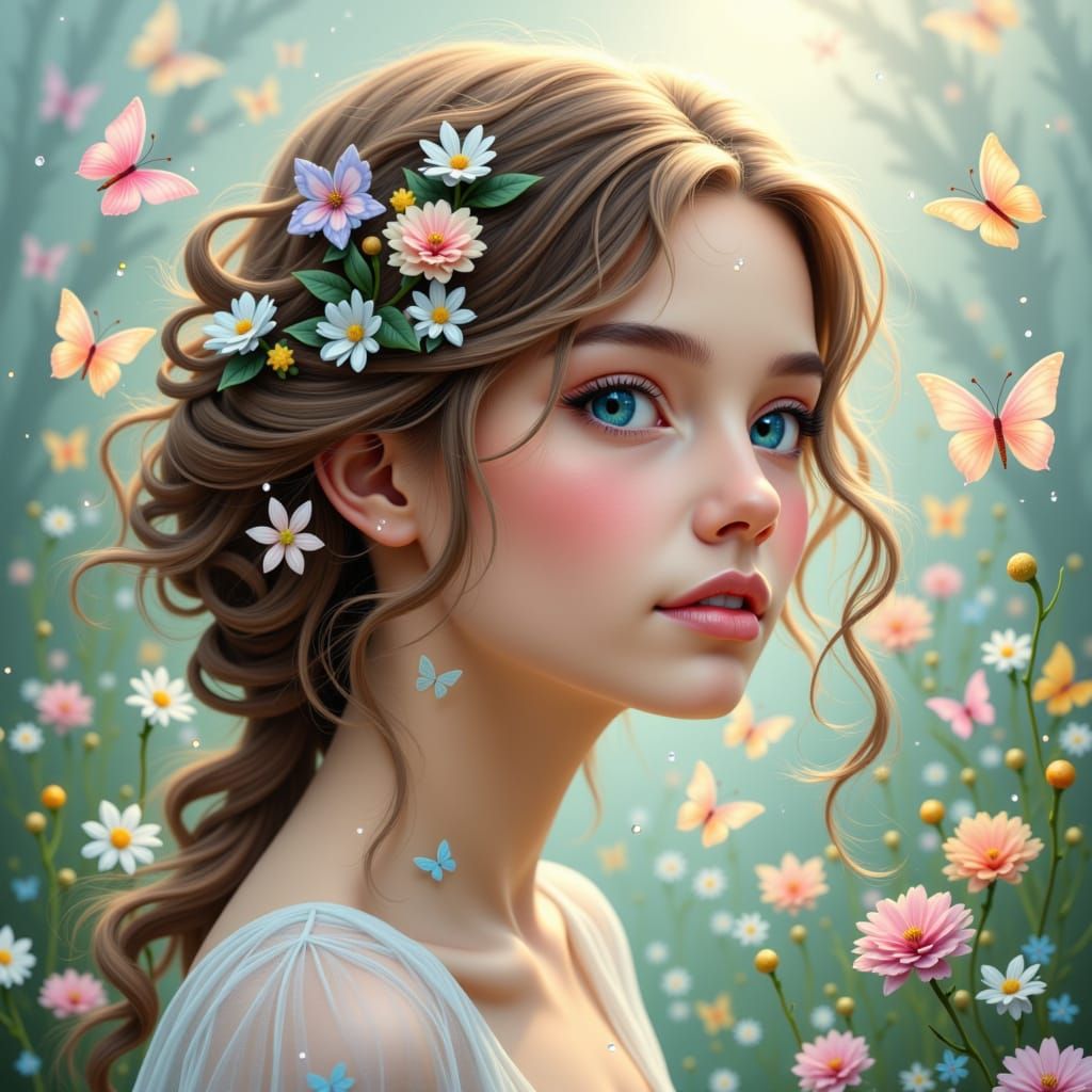 A serene portrait of a woman with flowers woven into her hair, surrounded by softly glowing butterflies. The butterflies flutter gently arou...