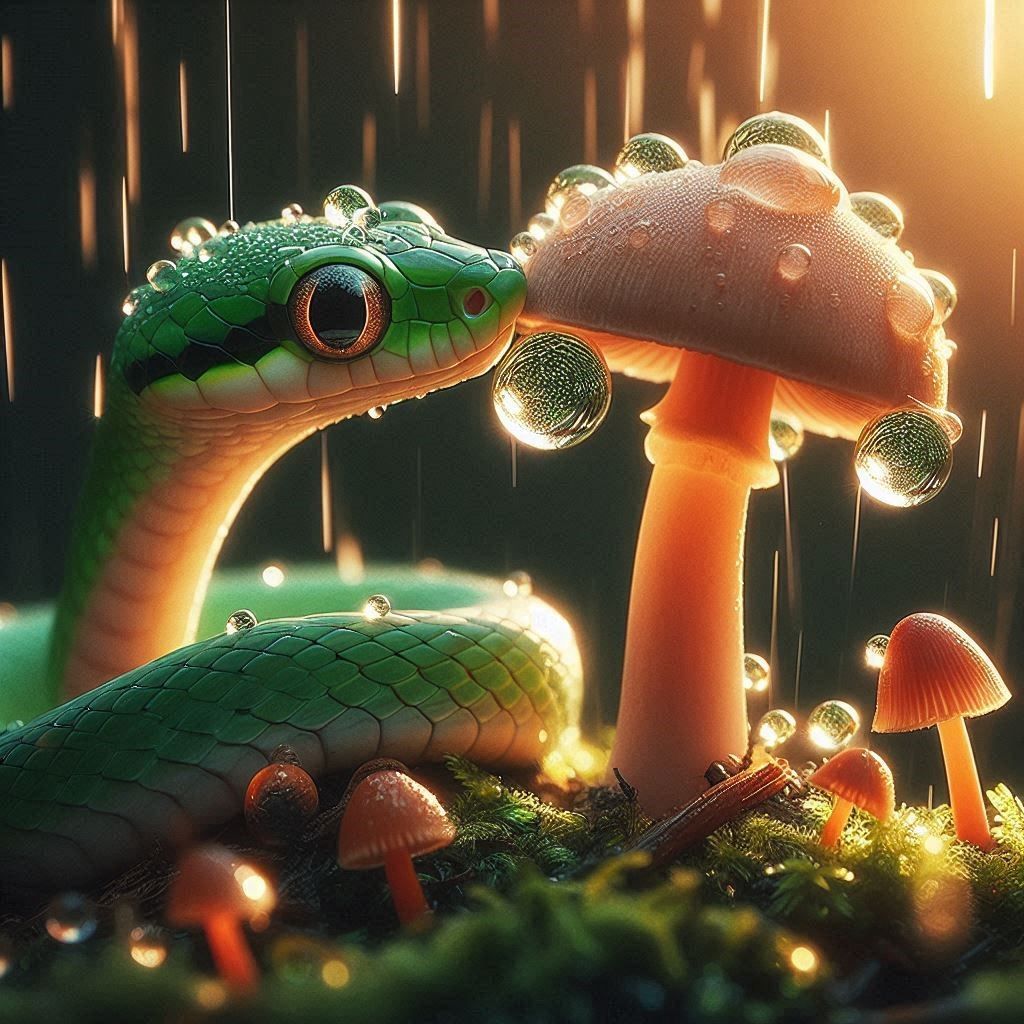 Little cute green snake drinks water from a mushroom