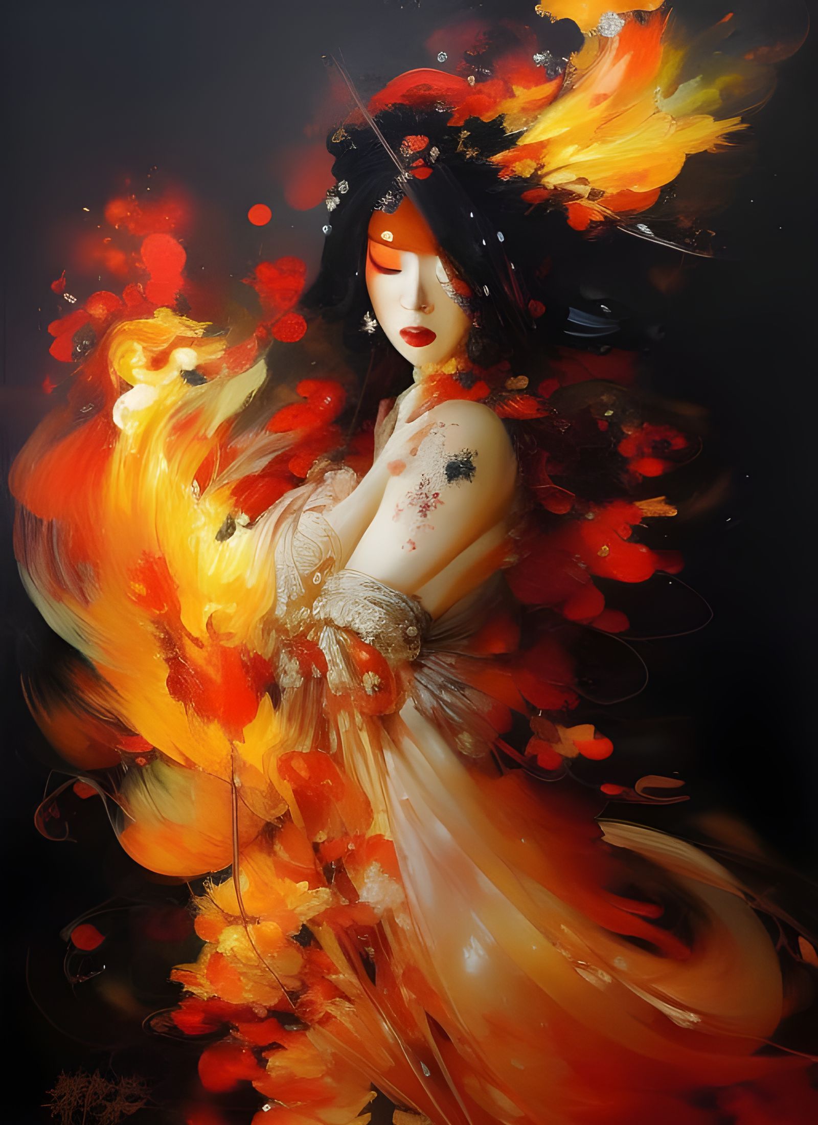 Fiery Geisha Portrait in Gouache Illustration Style