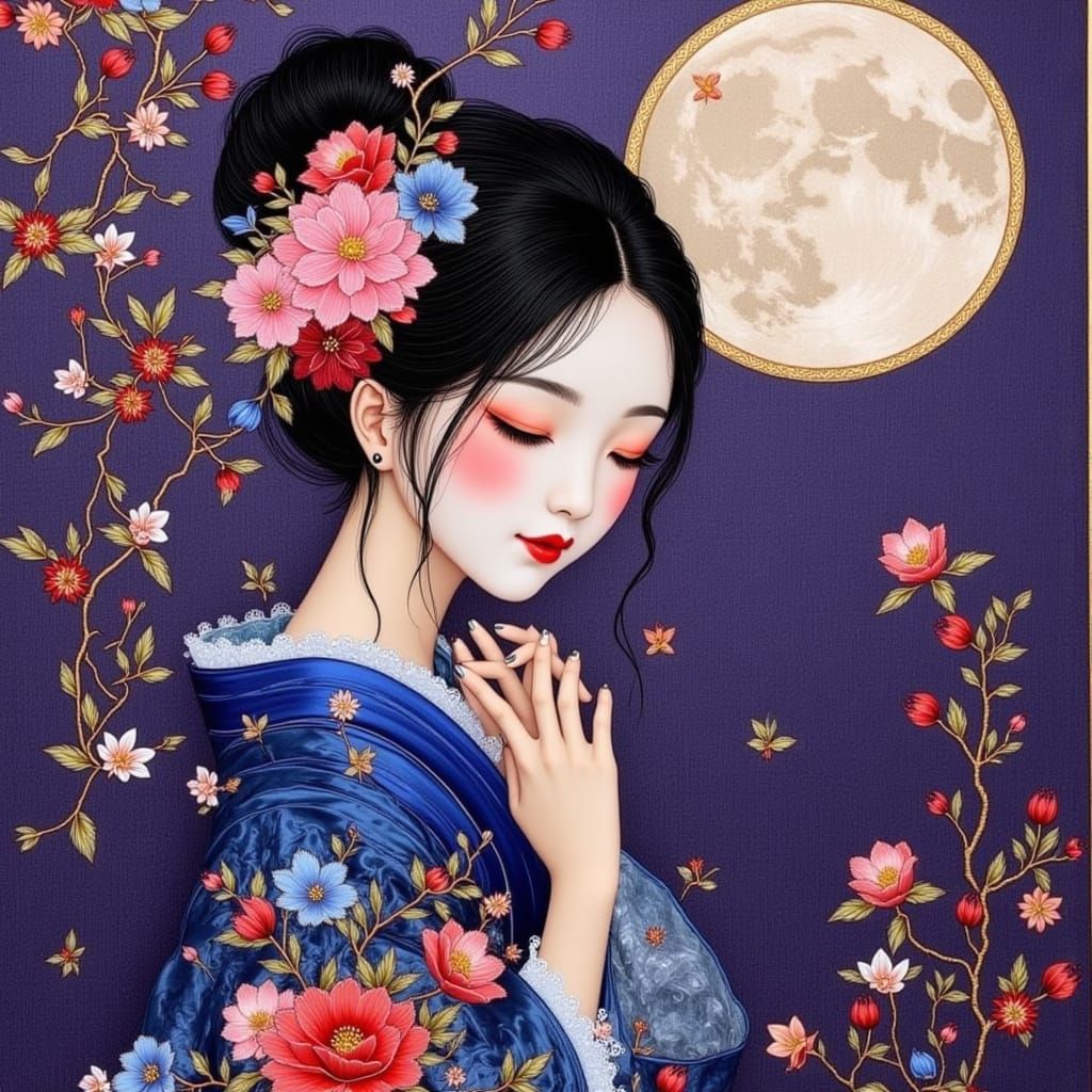 woman in a blue kimono , full moon, dark purple background  meticulously handcrafted Chinese Silk embroidery <lora:CHINESE EMBROIDERY:1.0>