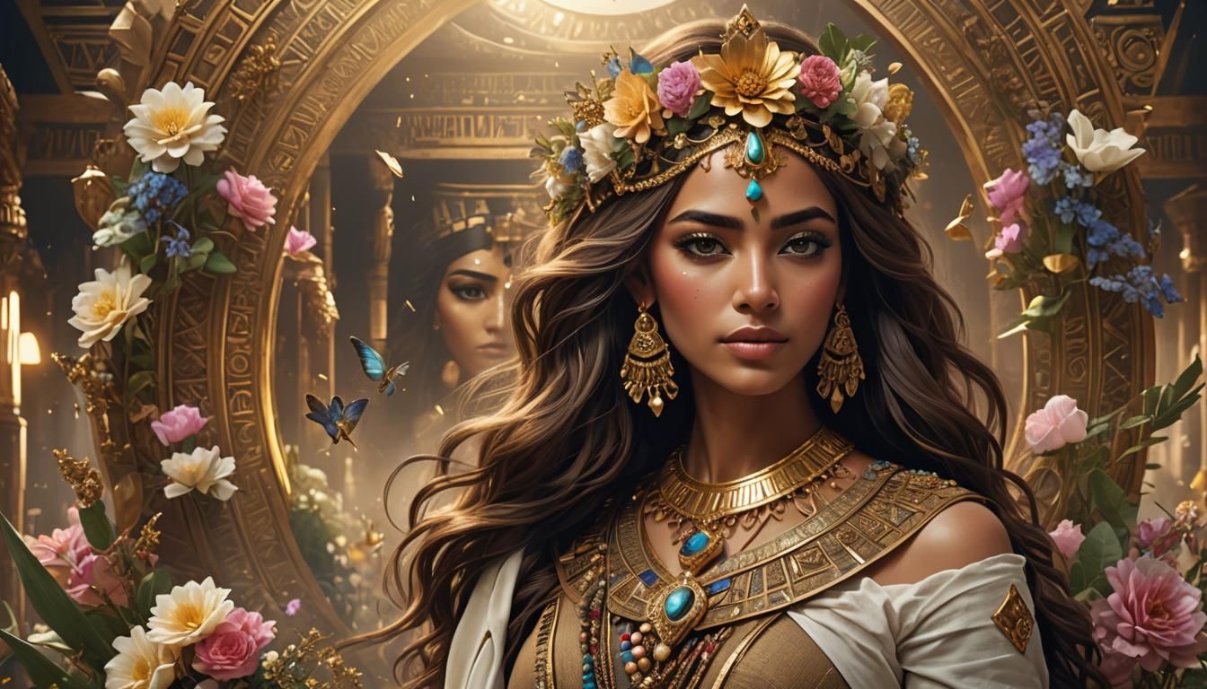 Egyptian Woman with Gold Crown and Floating Flowers