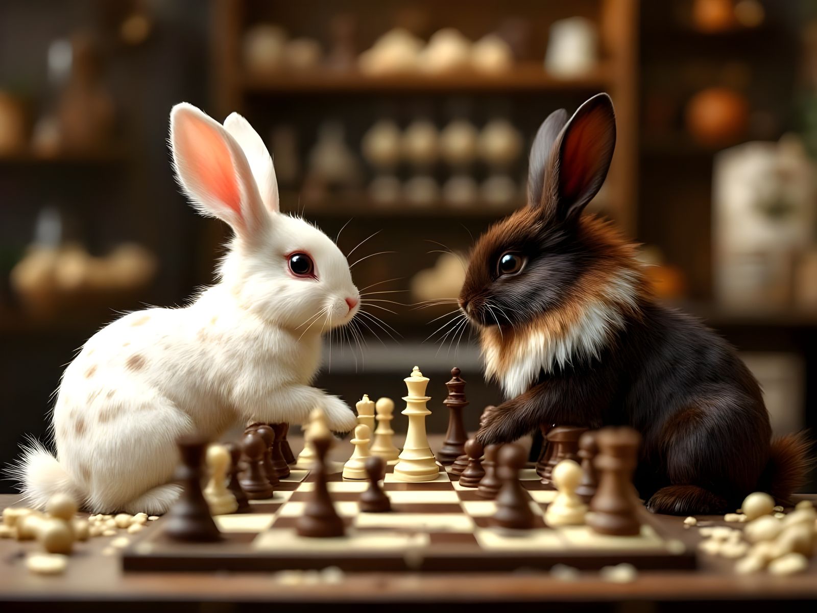 White and Brown Chess Bunnies  by @Gary Murakami