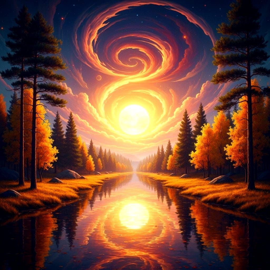 Vibrant Surreal Landscape with Reflective River