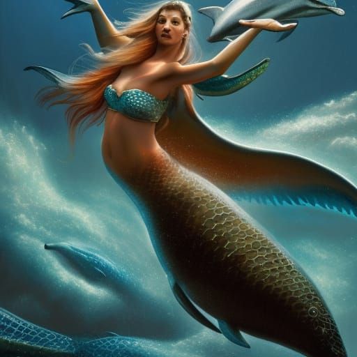 A mermaid riding a dolphin with AK-47 in her hands

; 8k res...