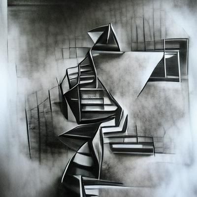 Confusing staircases going all directions 
black and white g...