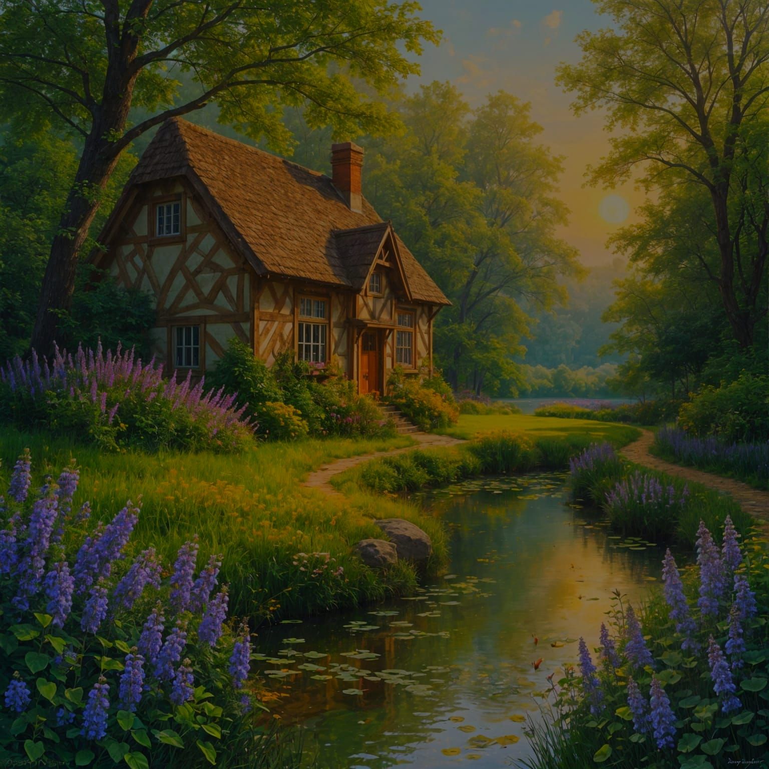 A surreal land scape purple cottage pond everything surrounded by purple and orange flowers the sky is purple