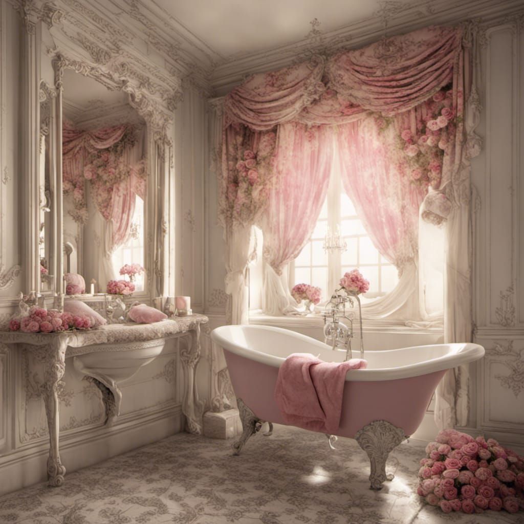 rococo bathroom, bathtub, sponge, soap, roses, window, curtains,  by @Toni-chan