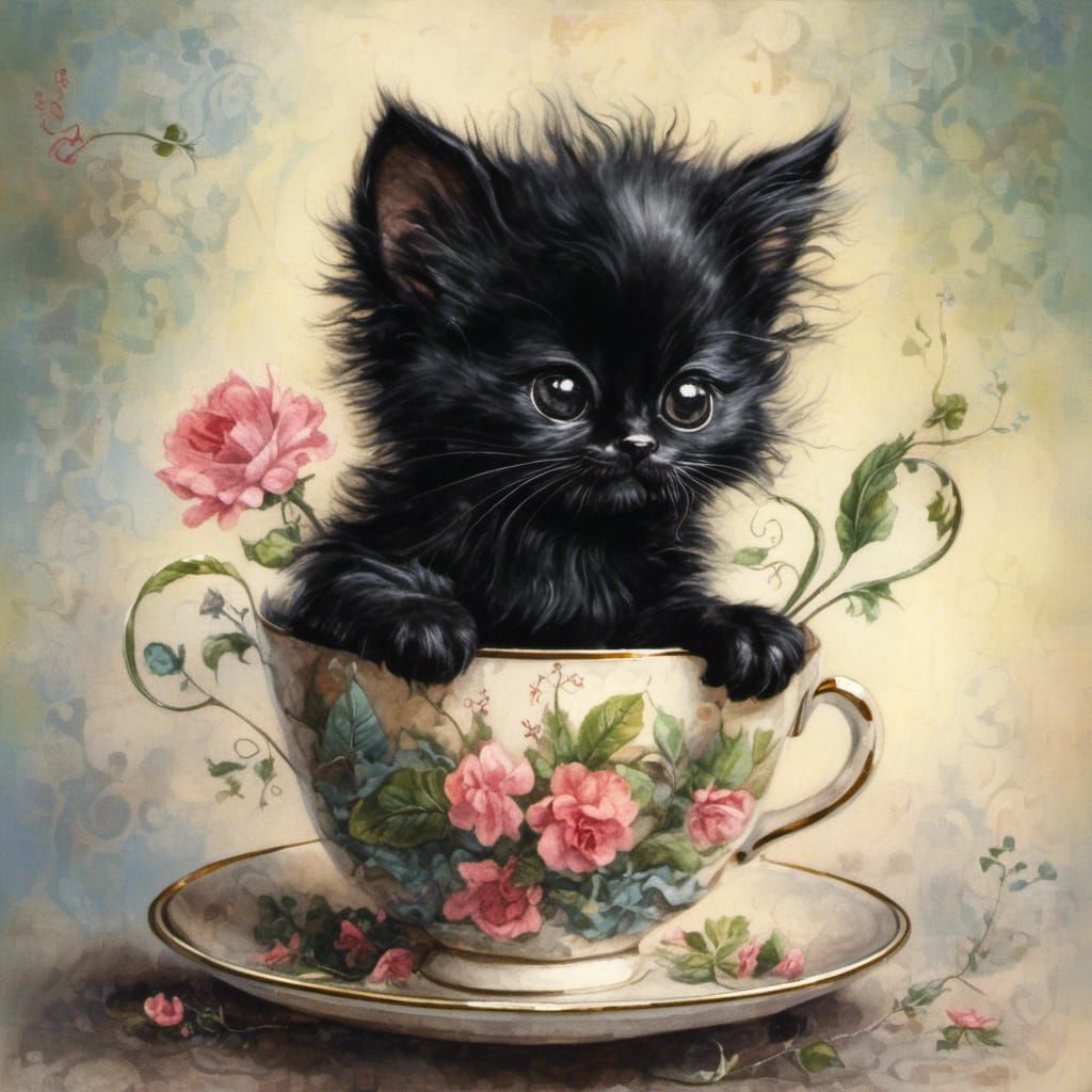 black kitten in teacup   by @Shay