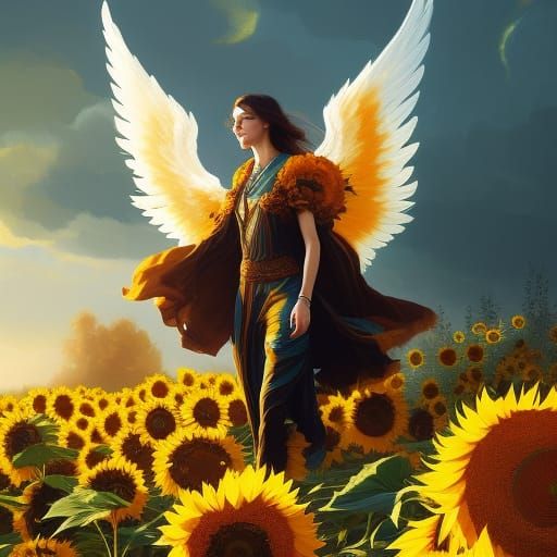 An angel flying upon sunflowers yellow, orange and teal triadic