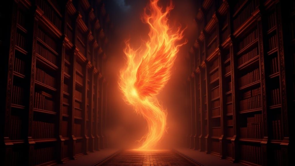 Majestic Phoenix Flame in Serene Library - 4K Wallpaper