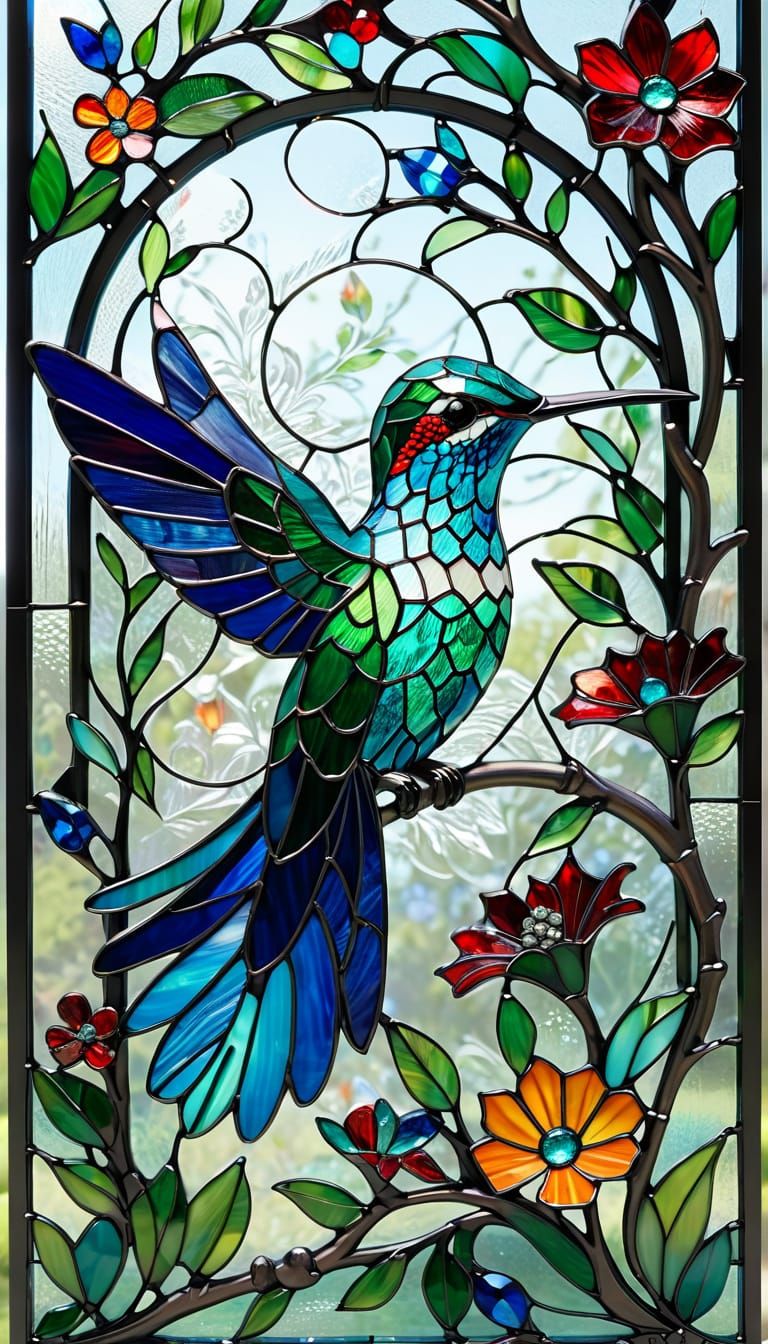 A beautifully crafted stained glass hummingbird perched on a decorative branch with colorful flowers. ...  by @Chris Graham