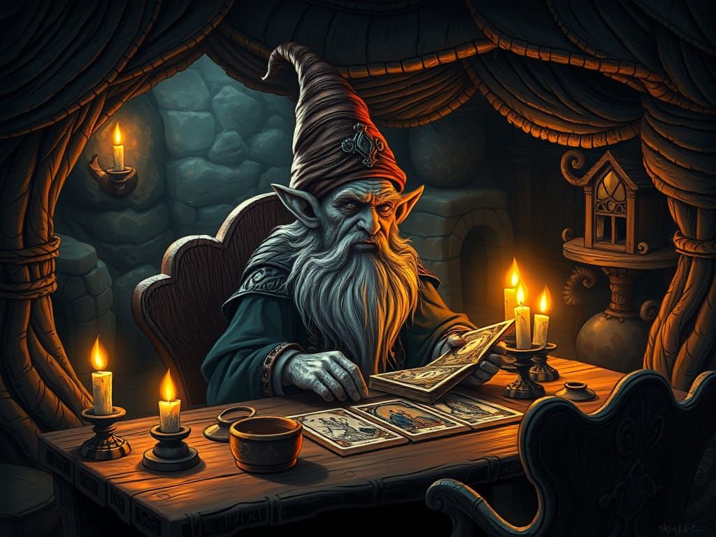 Medium shot. A wise old gnome sits at a table in his mushroom home, reading tarot cards by candlelight. ...  by @Master Crowley
