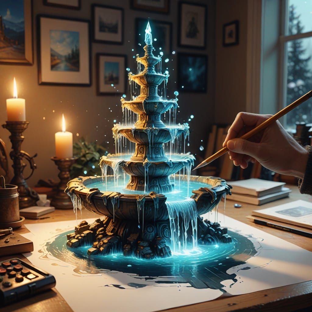 Fantasy Fountain Sketch with Glowing Crystals