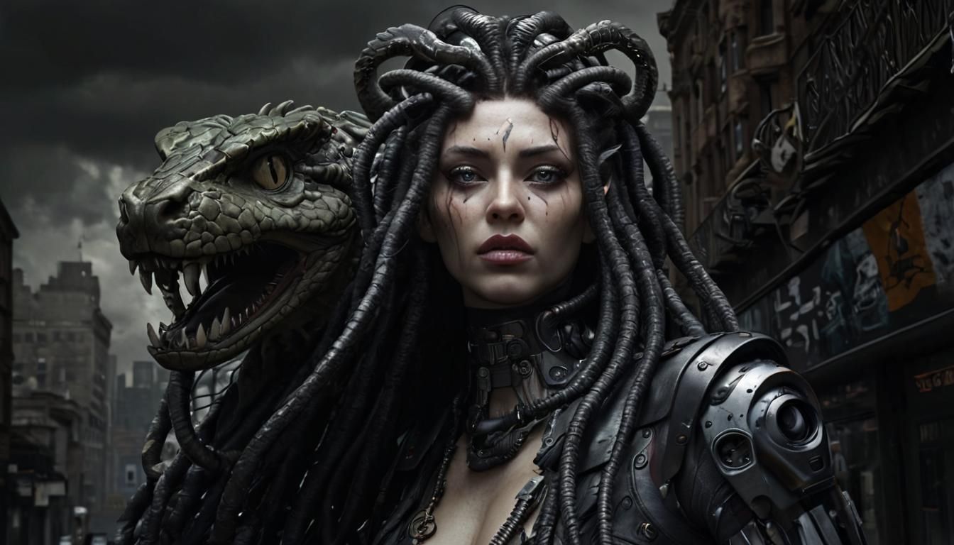 Medusa cyborg with pet (petrified)