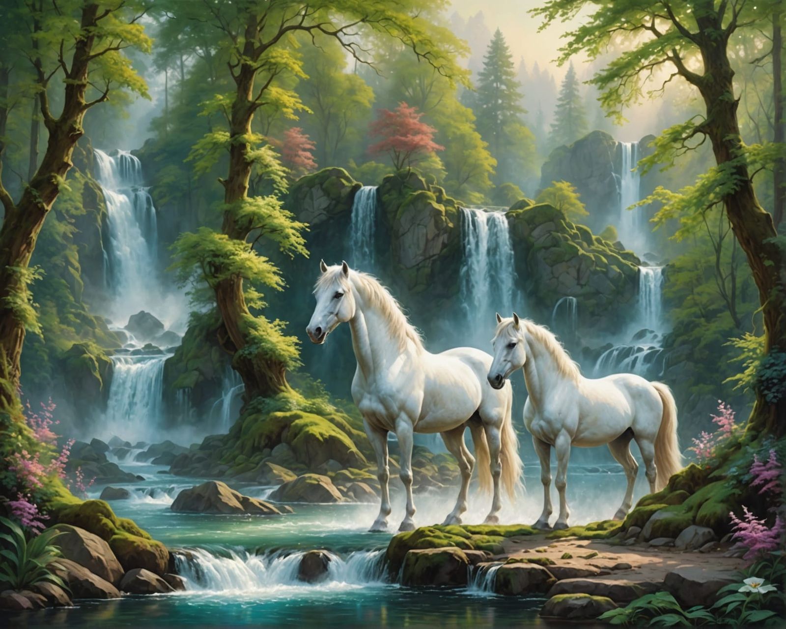 Magnificent white horses with arched necks in a mystical bea...