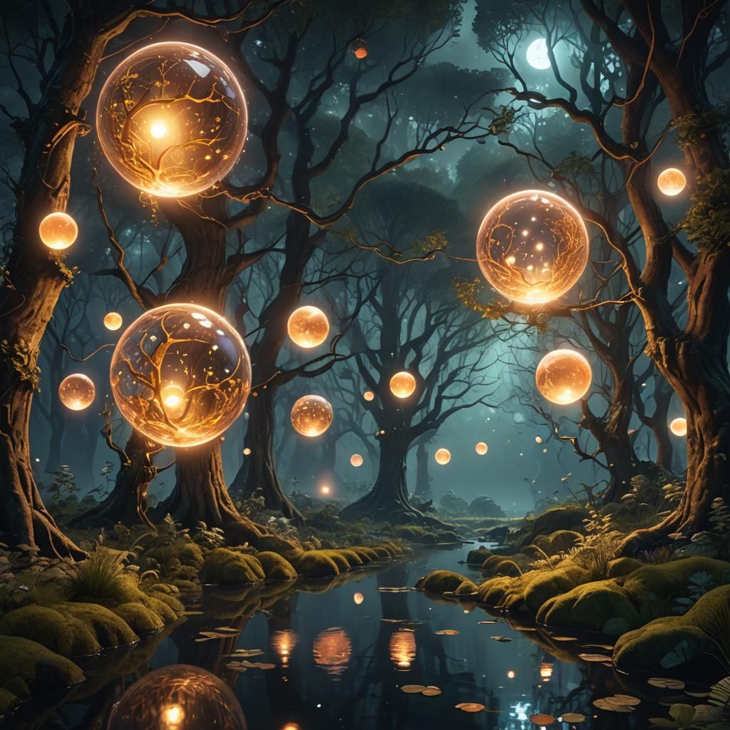 Floating glowing orbs in a magical forest at night 