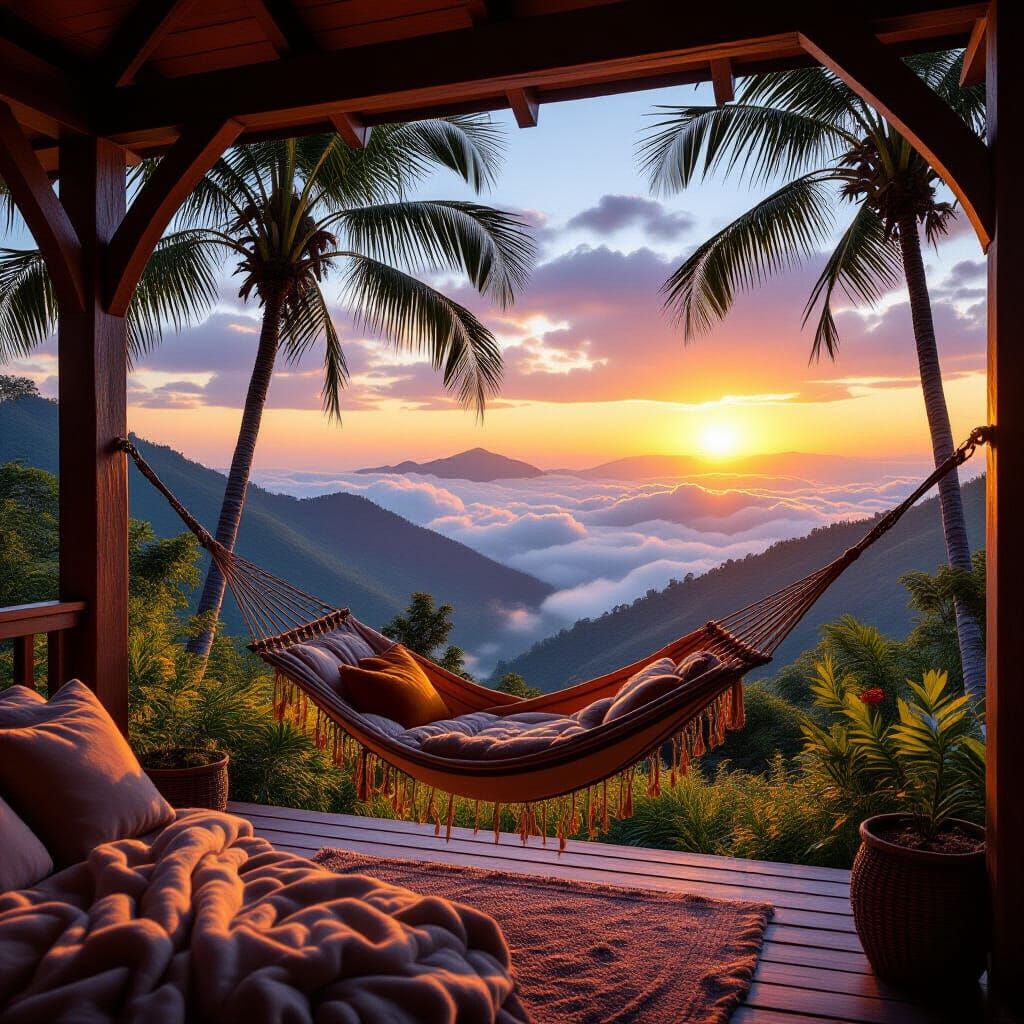 A hammock swaying between palm trees at sunset
A cozy cabin filled with soft light and warm blankets
A ...  by @Shadowbird