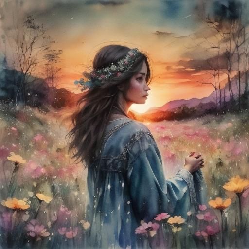 Watercolor: Jesus and Bride in Field of Flowers