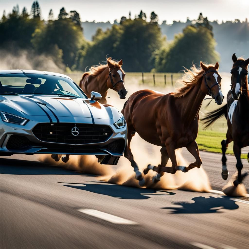 horses running next to a sports car 8k