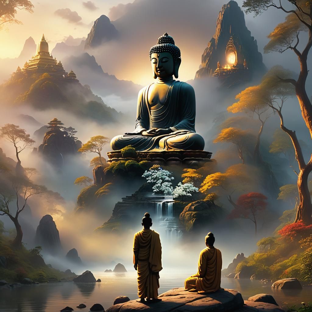 Subhuti Speaks to Buddha in Ethereal Landscape