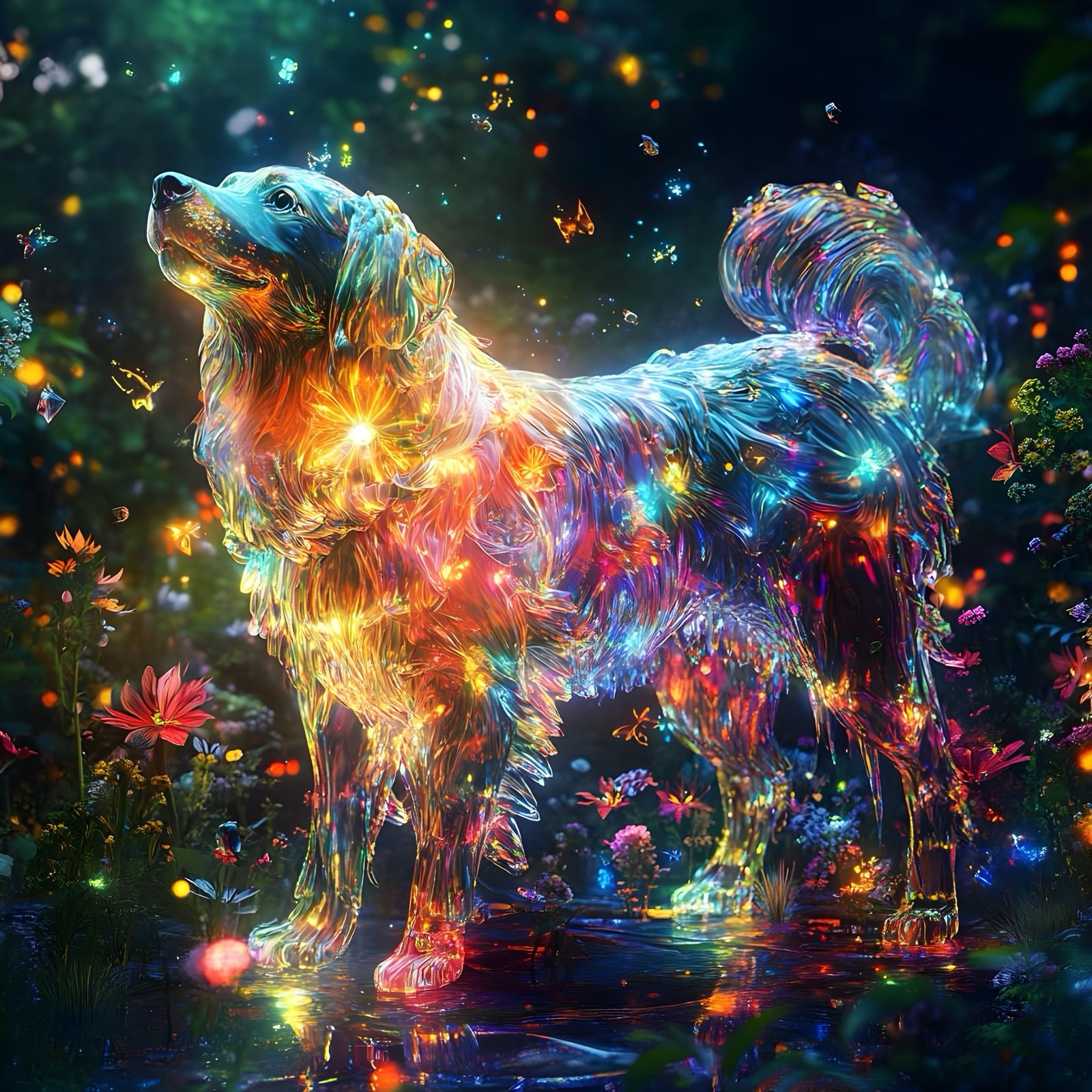 Luminescent Companion: A Canine Spirit in a Magical Garden