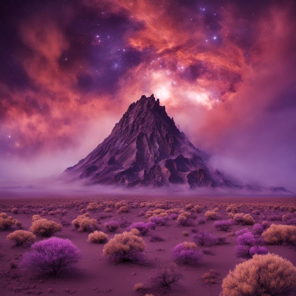 Sparkling cluster of volcanic clouds floating above purple d...
