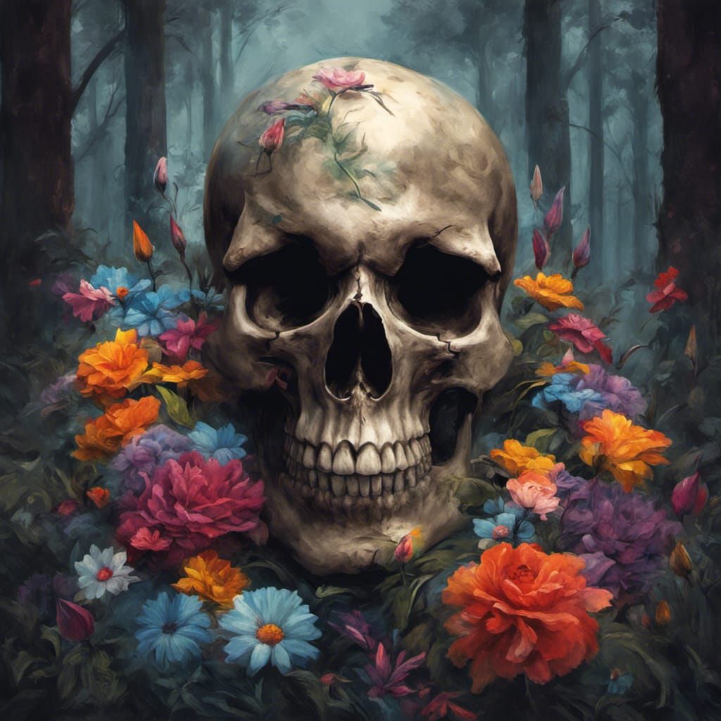 dark scary deadly skull with colorful flowers in scary fores...