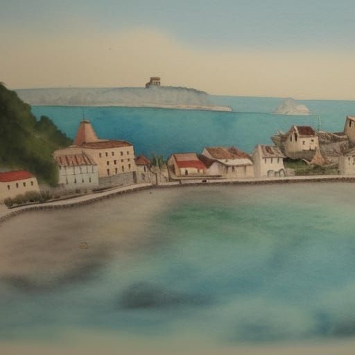 watercolor of an old French coastal village
