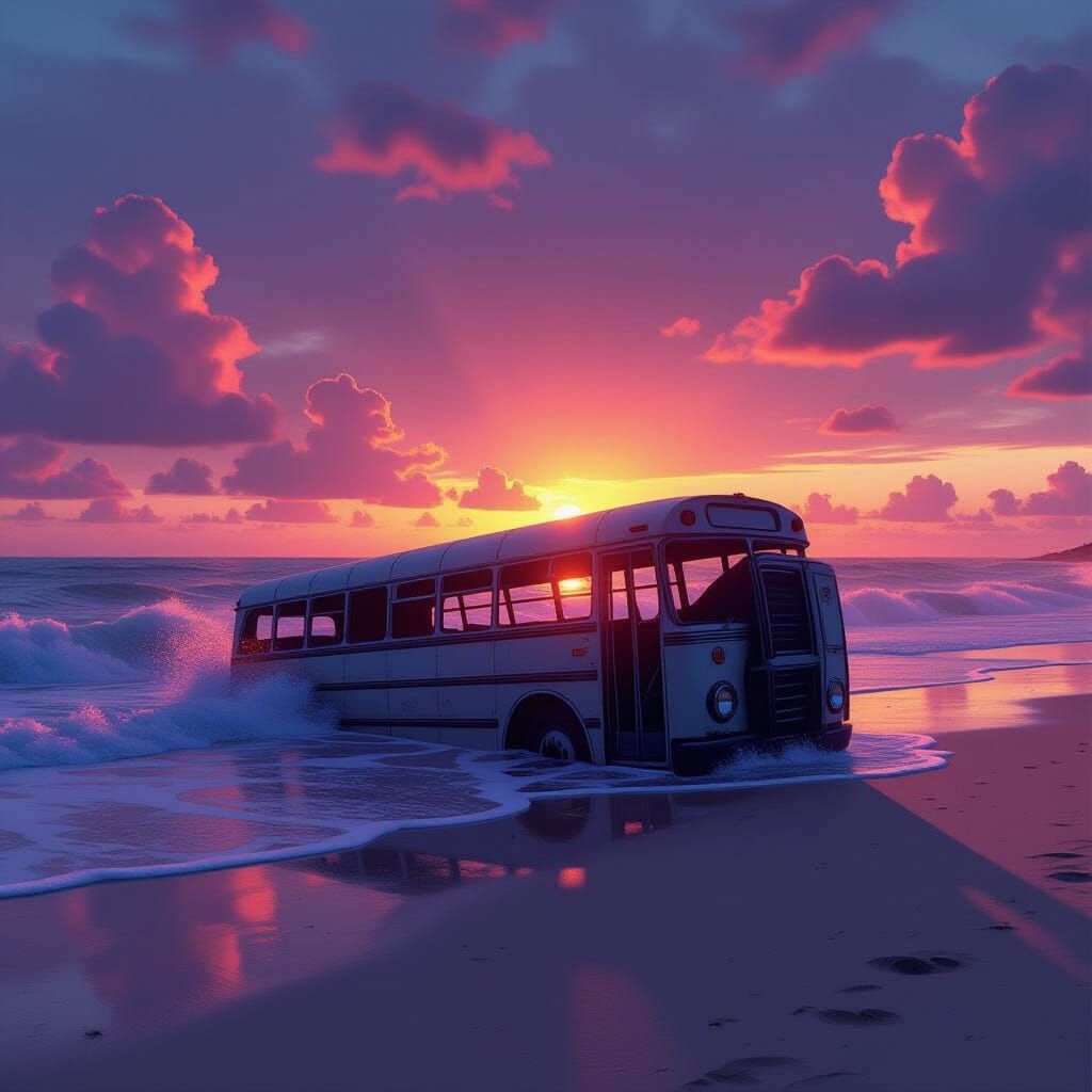 Overturned Bus on Beach at Dramatic Sunset