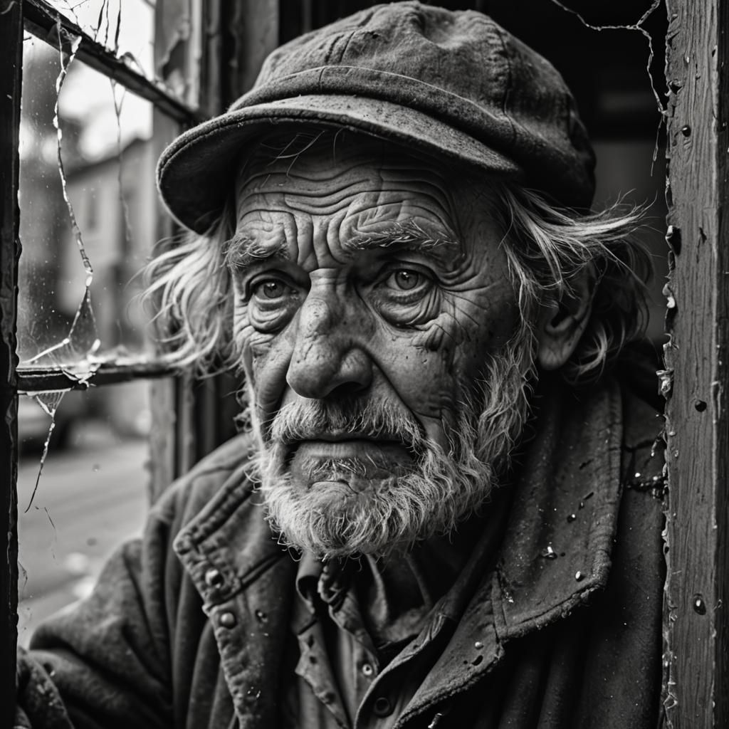 Black and white silver halide photo portrait of old hobo looking through broken window, head and shoulders ...  by @Runway Lights 
