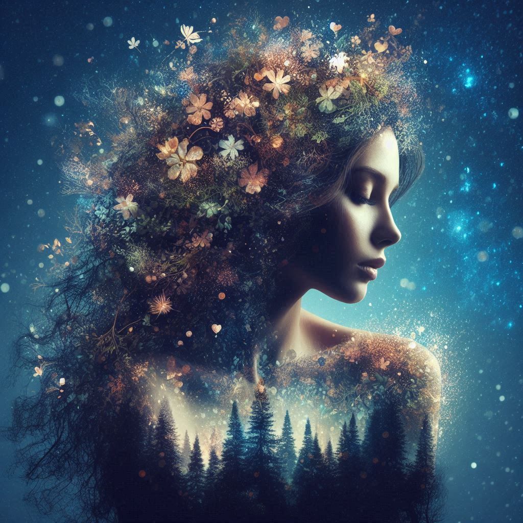 double exposure beautiful fantasy DALL-E 3 portrait landscape..