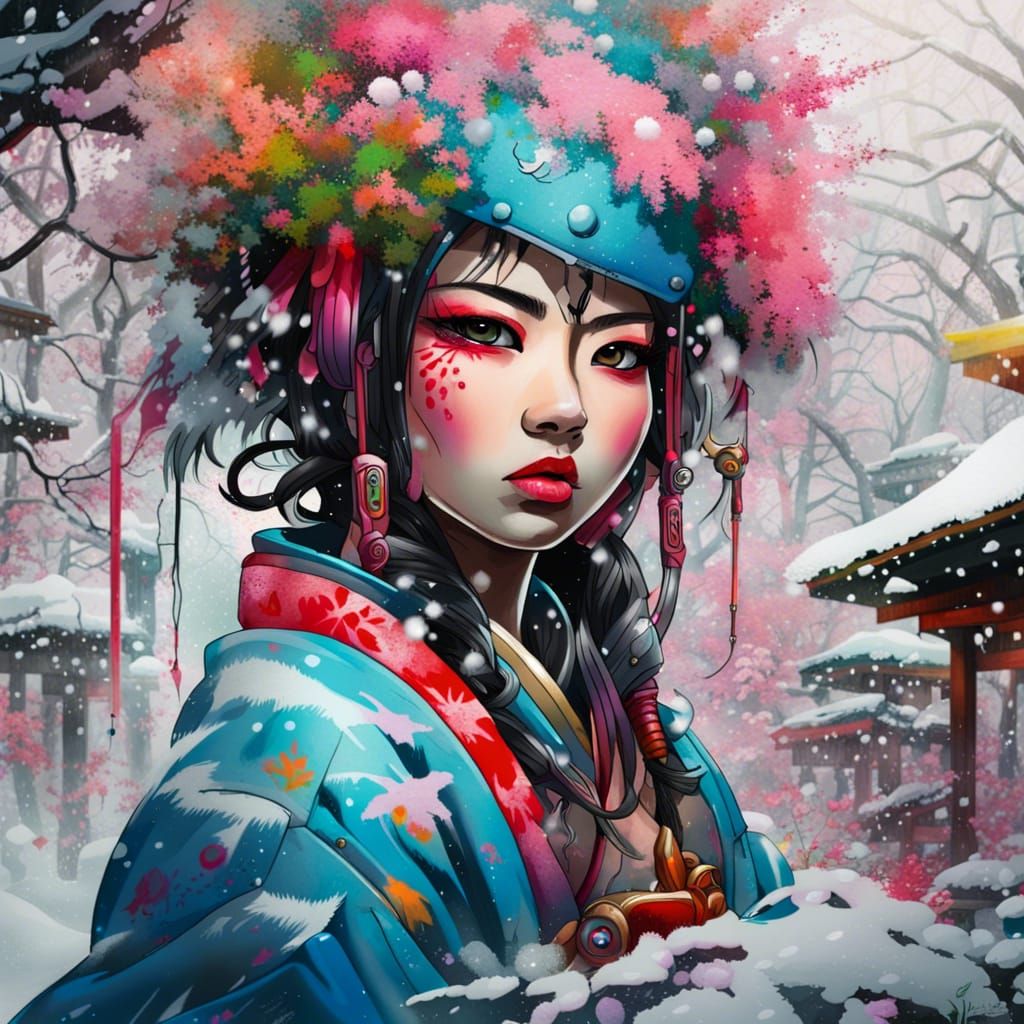 Japan sword warrior princess, in garden, snow  by @Realpicmys