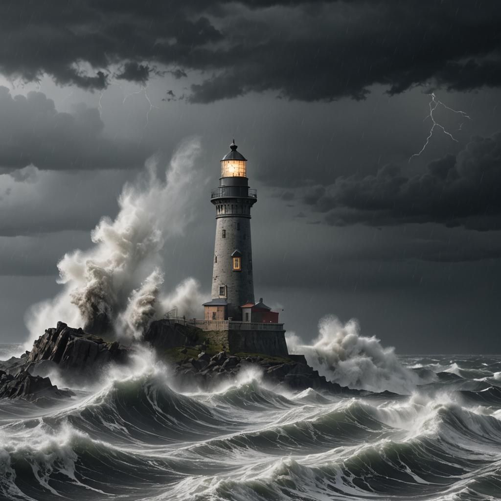 A stunning 3D render of a lighthouse standing tall amidst a raging storm. The waves crash violently against ...  by @Pinhead fan