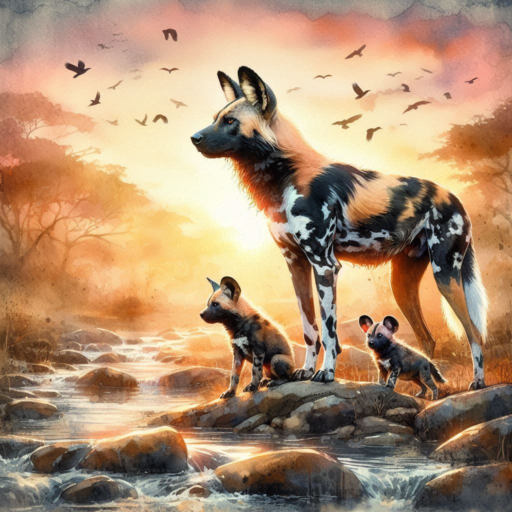 African Painted Dog with her young pups