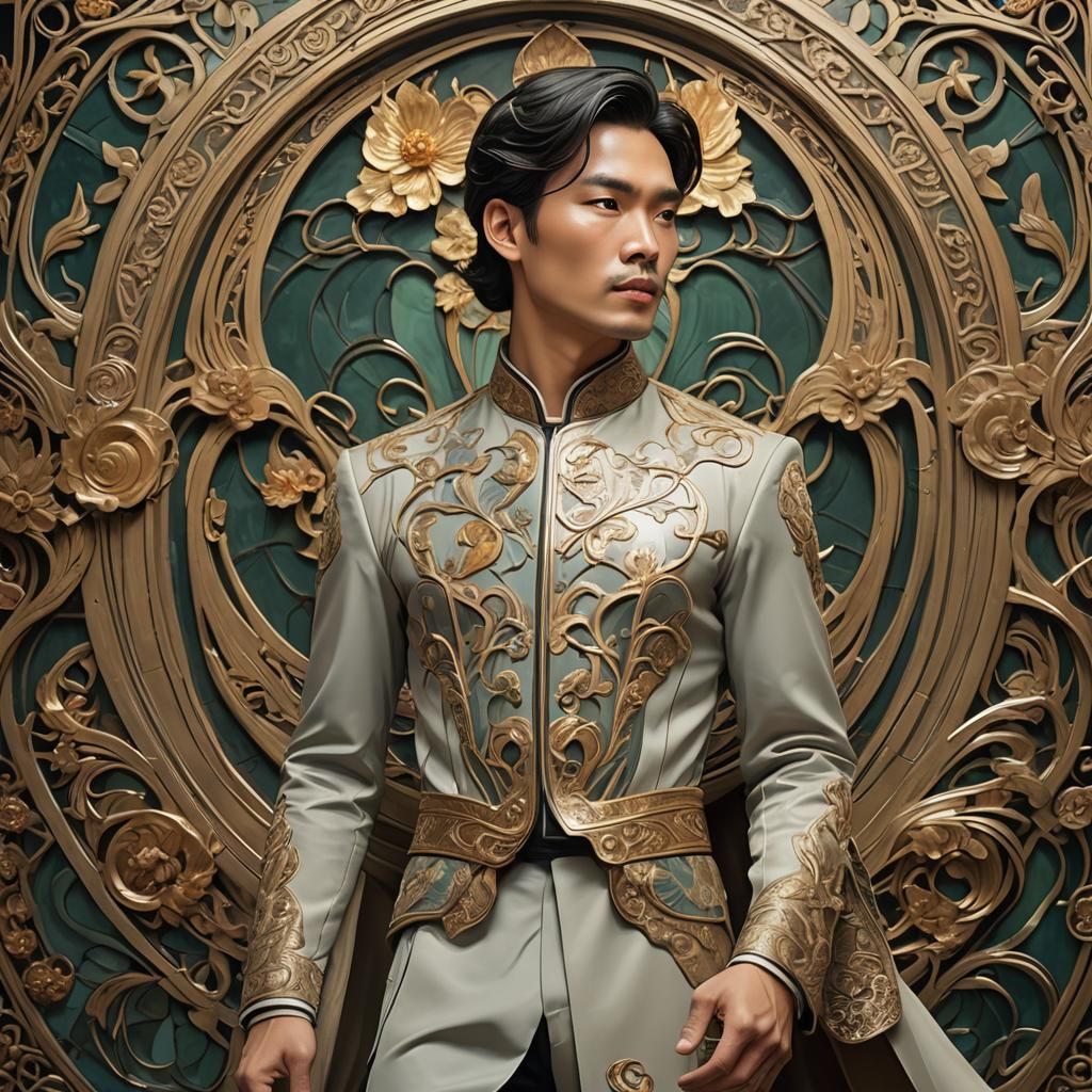 Man Vietnamese model, art nouveau, dynamic lighting, close u...