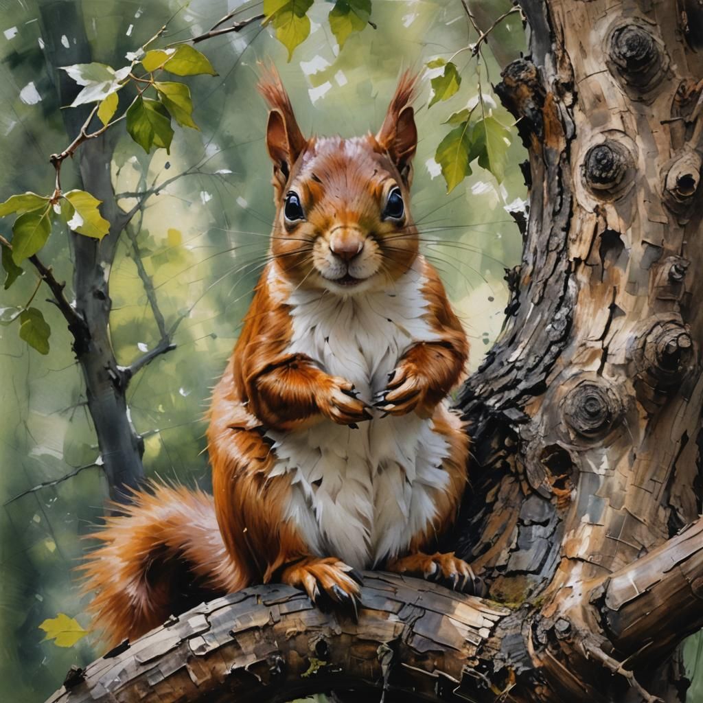 An alert squirrel on a branch.  by @Terra