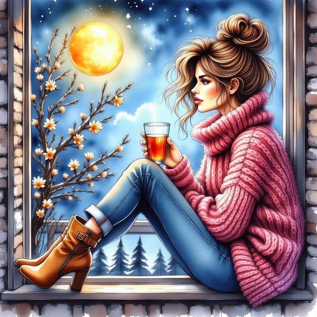 <lora:BeautifulPaintingFx:1.0> Stunning woman, wavy and tousled brown hair, bun, wearing a yelllow pink woolen sweater, jeans, boots, sittin...