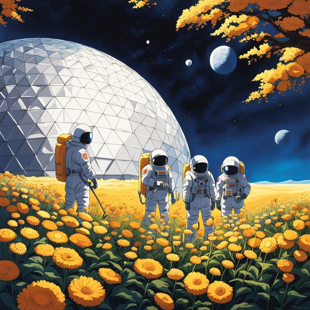 Three men in spacesuits tending to the flowers in a geodesic dome of ...