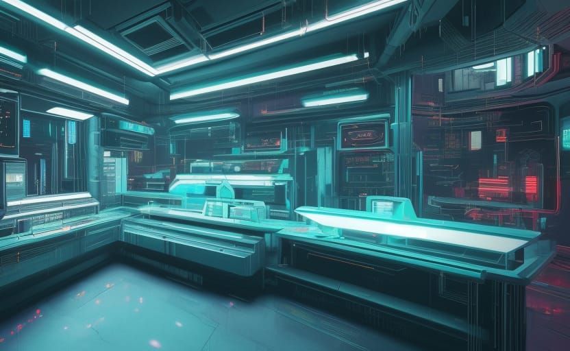 "A photo-realistic 3D rendering of a cyberpunk laboratory wi...