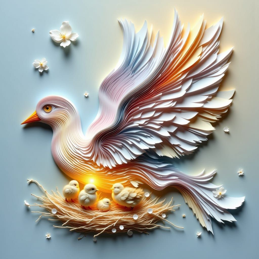 <lora:layers:1.0> A delicate, ethereal figure of a a bird covers a nest with chicks with its wings, composed of layers of peeling paper stri...