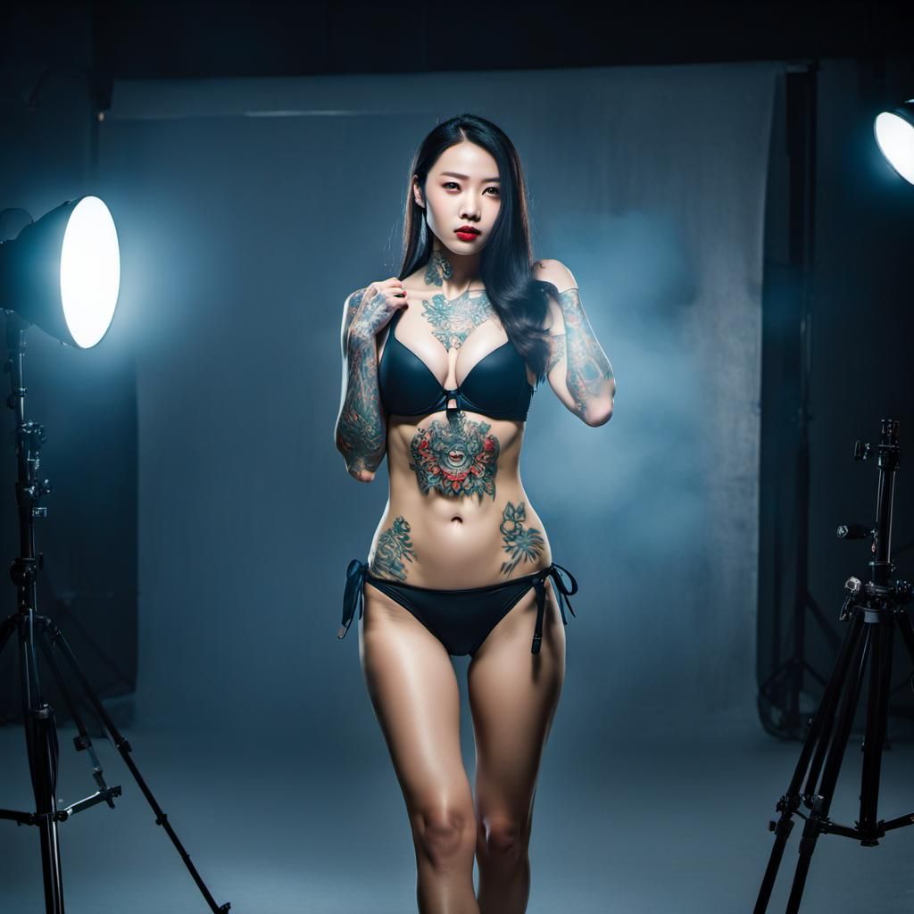 Movie Studio Scene with Tattooed Bikini Model