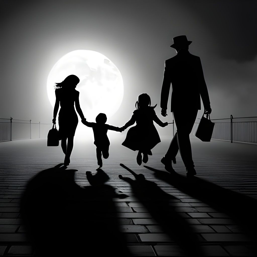 A family playfully strolling in a foggy full moon night  by @Paxo