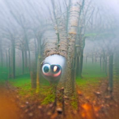 woods covered in fog with floating eyes