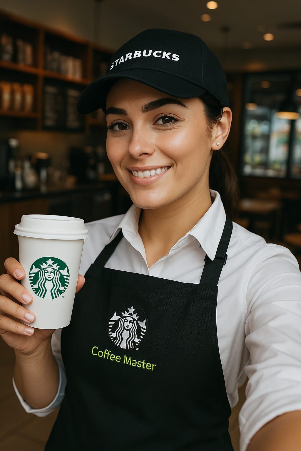 Pretty Starbucks Coffee Master Barista, Holding a Paper Cup