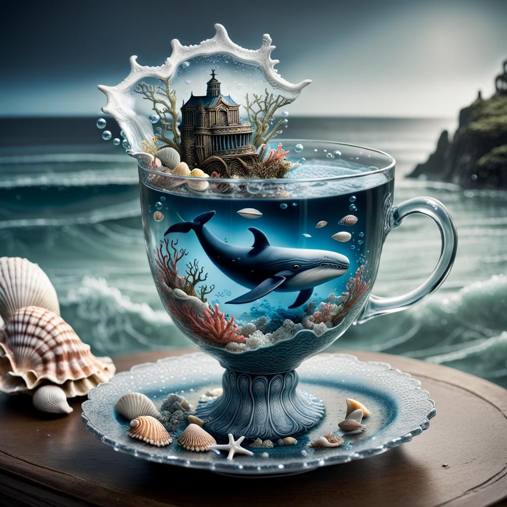 A clear glass tea cup revealing a miniature underwater kingdom, coral reefs, a majestic whale gliding ...  by @jnatas