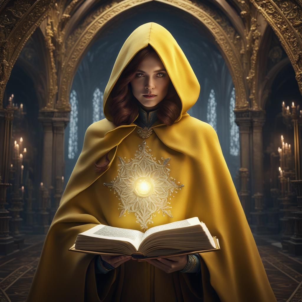 ethereal woman with dark auburn hair wearing a light yellow ...