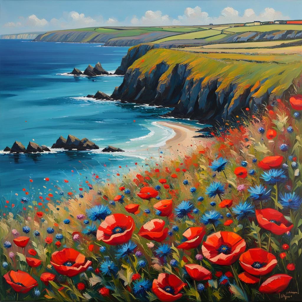 Poppies and Cornflowers on the Cliffs at West Pentire above Polly Joke Beach, Cornwall (Cornish painter) ...  by @madalina