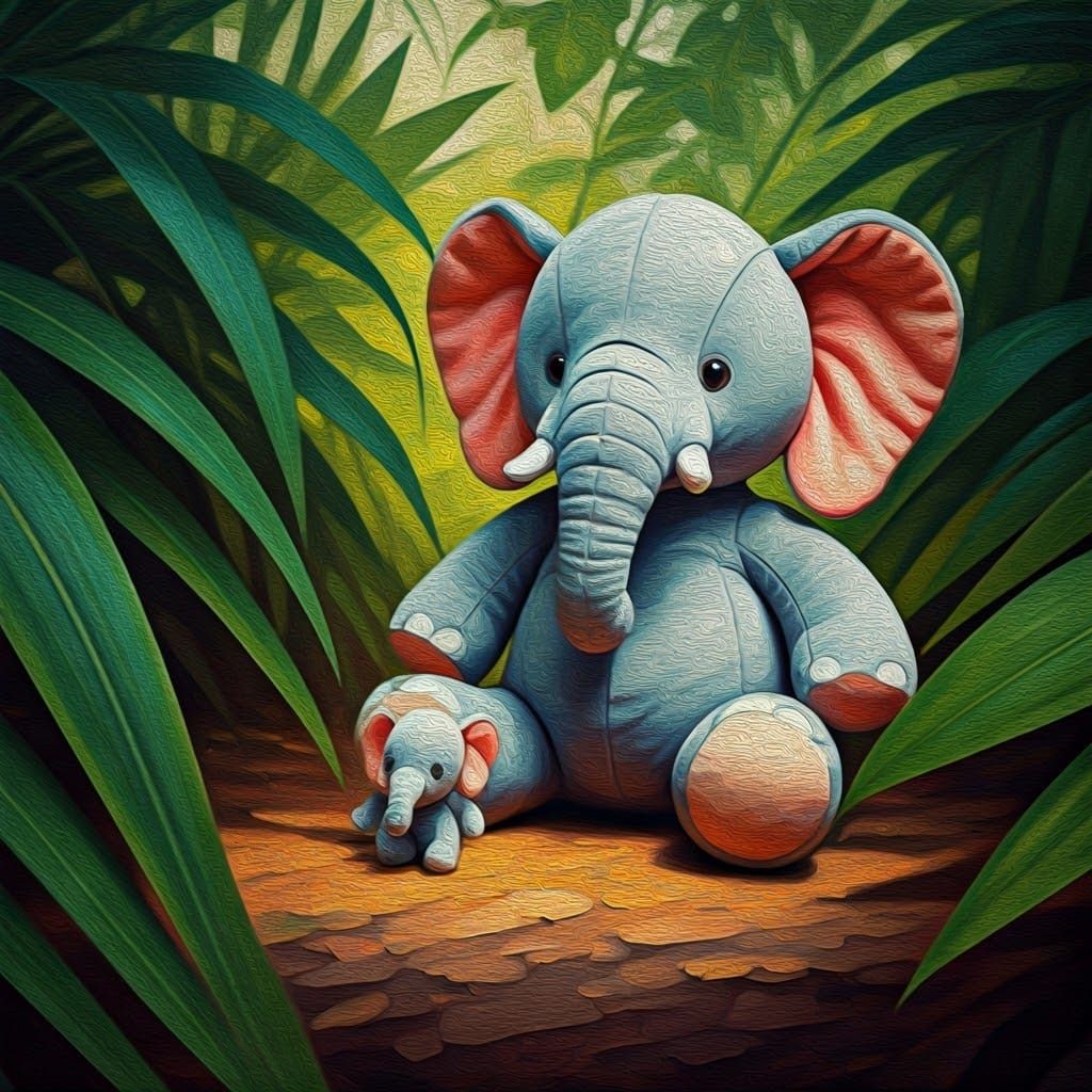 Elephant Dolls in Vibrant Foliage: Neo-Impressionist Masterp...