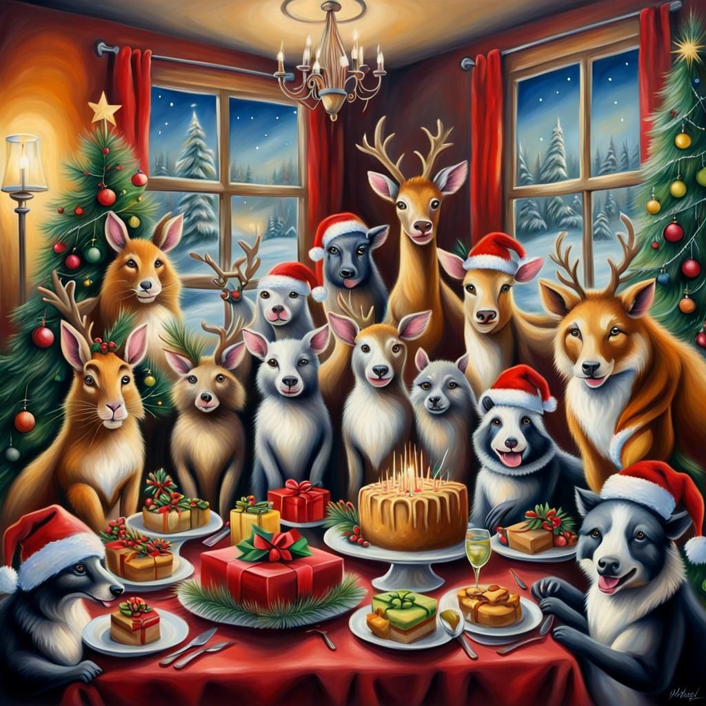 Animals Celebrating the Holidays, Oil Painted Airbrush  by @Denise